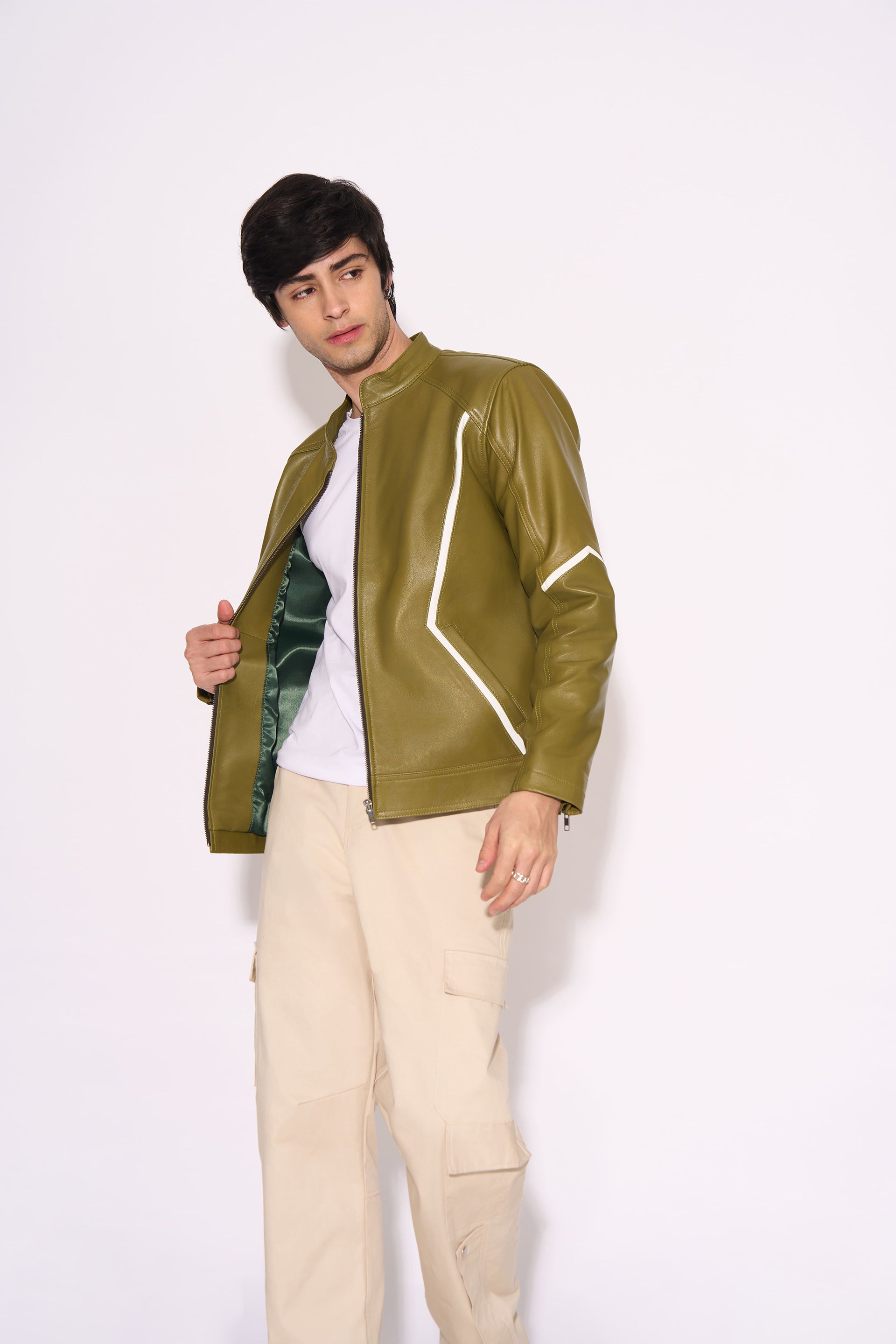 OLIVE RECON LEATHER JACKET